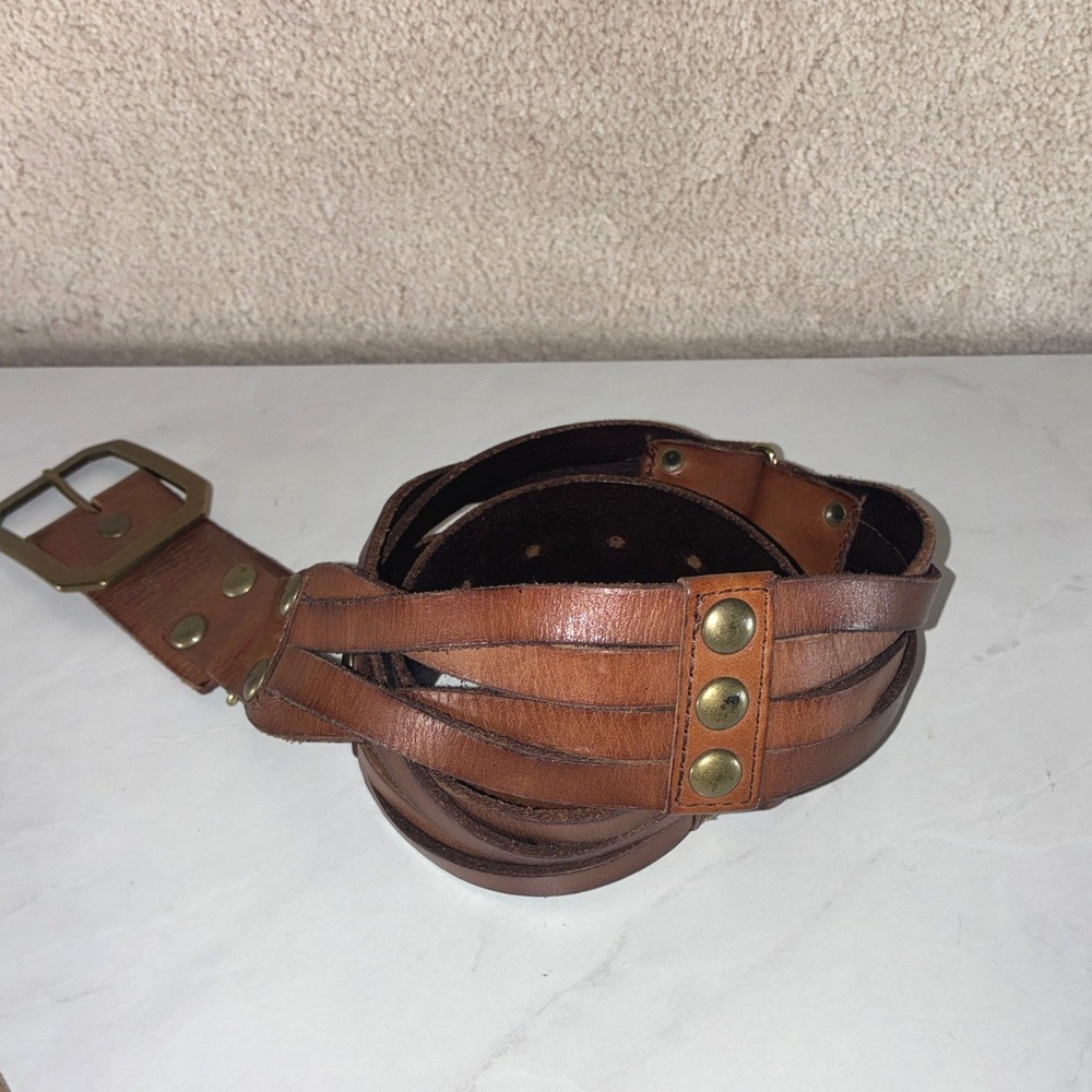Linea Pelle Brown Leather Belt - M - Braided Rivet Brass Buckle Boho Western